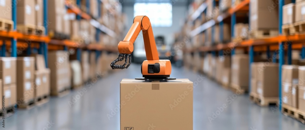 Poster robotic arm handling boxes in a modern warehouse environment for efficient logistics.