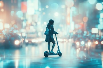 A woman rides an e-scooter through a vibrant, blurred city at night.