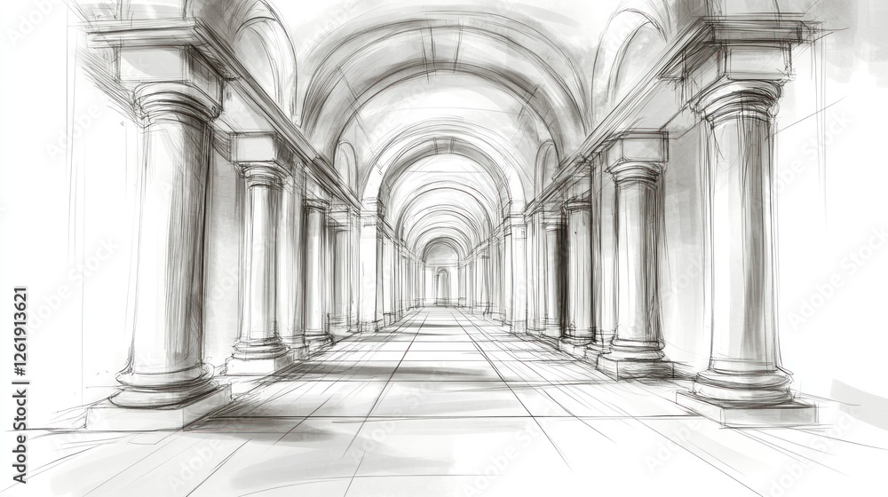 Poster a sketch of a grand corridor with arches and columns, showcasing architectural depth.