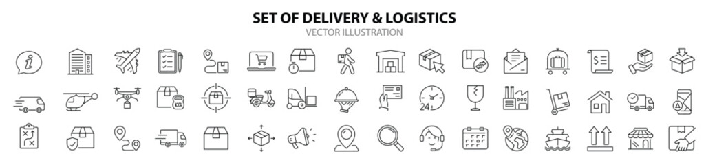 Delivery and Logistic set of web icons in line style. Shipping service icons for web and mobile app. Shipping, logistics, delivery, courier, tracking, refunds and more. Vector illustration