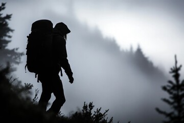 Silhouette of a hiker with a backpack trekking through a foggy mountainous landscape.