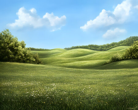 serene landscape featuring rolling green hills under blue sky with fluffy clouds
