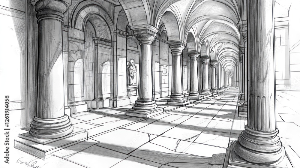 Aufkleber a detailed sketch of a classical architectural corridor with columns and shadows.