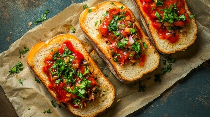 Toasted Baguette Sandwich with Sauces and Fresh Toppings
