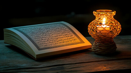 Quran, candlelight, wooden table, night, spiritual reading, religious, Islam, faith, peace, meditation