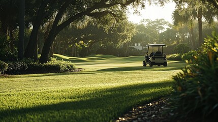 Golf Cart on Lush Green Course at Sunrise