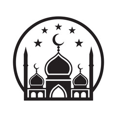 Black Mosque Silhouette with Minarets and Crescent Moon Ideal for Eid Celebration Decor and Islamic