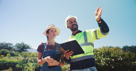 People, agricultural engineer or farmer on farm for irrigation system project, sustainable...