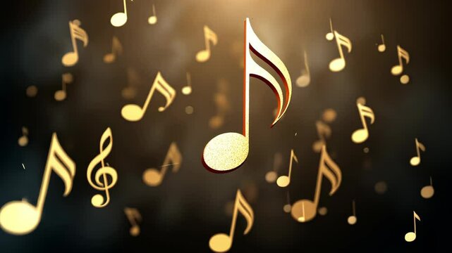 Gold note on a dark background. Musical notes floating