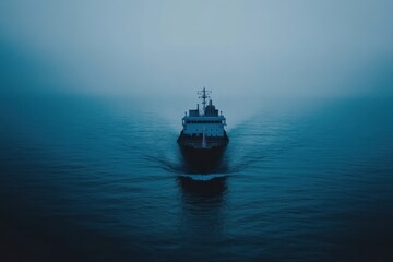 Obraz premium Ship Navigating Through Foggy Waters at Dusk