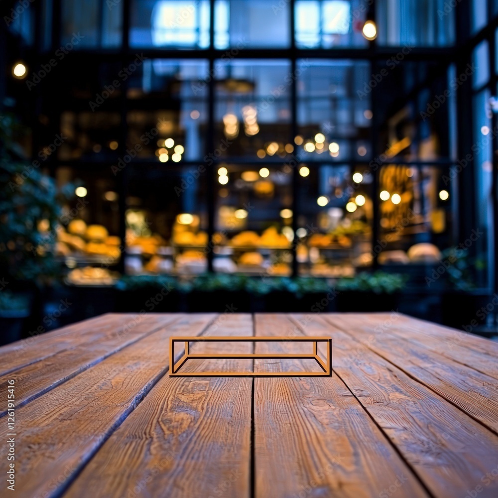 Poster empty wooden table with metal frame display in blurred cafe setting
