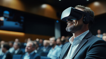 Man Experiencing Virtual Reality Immersion at a Business Conference with Headset