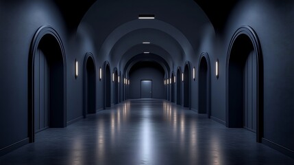 Obraz premium Dark hallway mysteriously stretches deep cool blue light subtly illuminates arched doorways. AI Generated