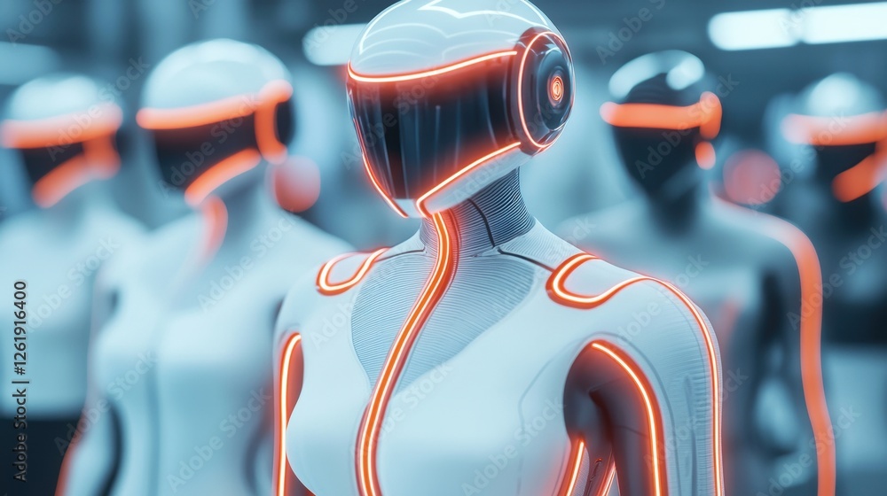 Poster a futuristic scene featuring humanoid robots with sleek designs and glowing lines, standing in a hig
