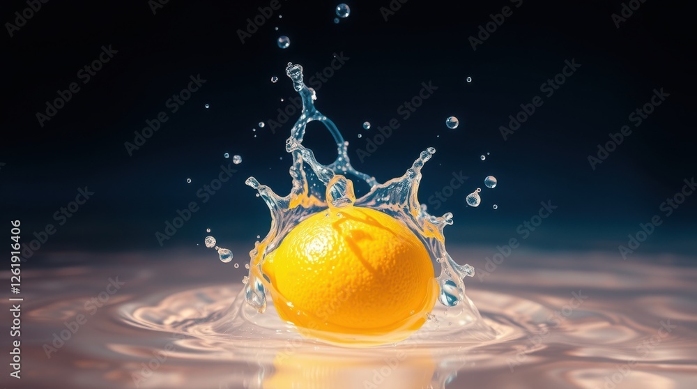 Poster vibrant lemon splashes into water, creating dynamic crown of water droplets and ripples on surface.