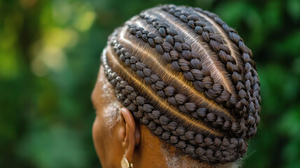 Obraz premium Close-up of a senior woman with cornrows neatly braided, the design highlighting the smoothness of her scalp and the grace of the pattern, structured and elegant