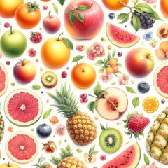 여러 종류의 과일 그림이 그려져 있는 패턴, 수채화, jpeg (a pattern with various kinds of fruit drawings, water colour, jpeg)
