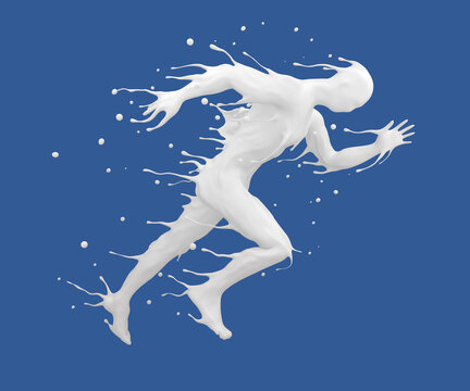 White Milk splash in shape of Running Man, Healthy lifestyle concept, Clipping path, 3D rendering.
