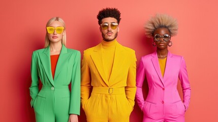 Three stylish individuals pose confidently against a vibrant background, showcasing colorful suits and bold accessories for a modern fashion statement.