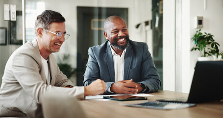 Video call, team and smile for client, office and discussion for expansion of business or...