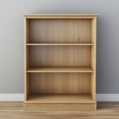 Empty light wood bookcase against a neutral wall