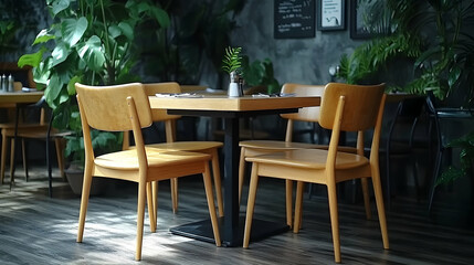 Restaurant interior, four chairs, table setting, plants, sunlight