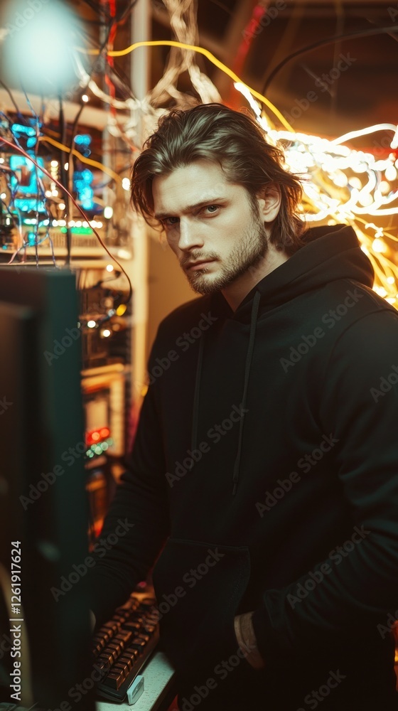 Aufkleber focused man in black hoodie working at computer in dark technological setting