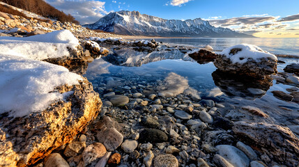 Snowy lake shore, mountain reflection, winter sunset, calm water, travel postcard