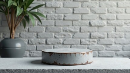 Naklejka premium Rustic Concrete Pedestal Display with Greenery Against a White Brick Wall Background
