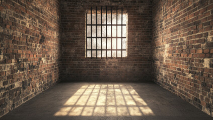 Fototapeta premium Empty Prison Cell, Sunlight Through Bars, Brick Walls, Introspective Scene