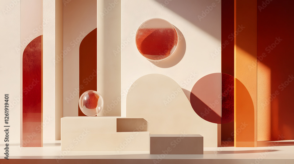 Poster abstract geometric composition featuring curved shapes modern studio art creation bright environment