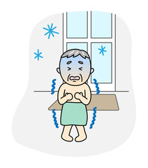寒い脱衣所で凍えそうなシニア男性
