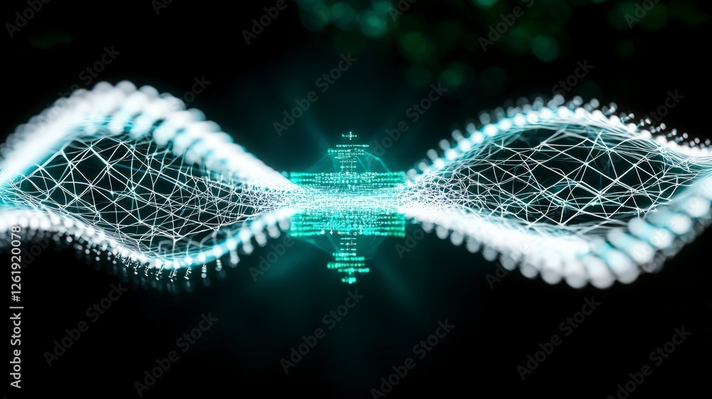 Poster glowing abstract blue and green data stream in dark background