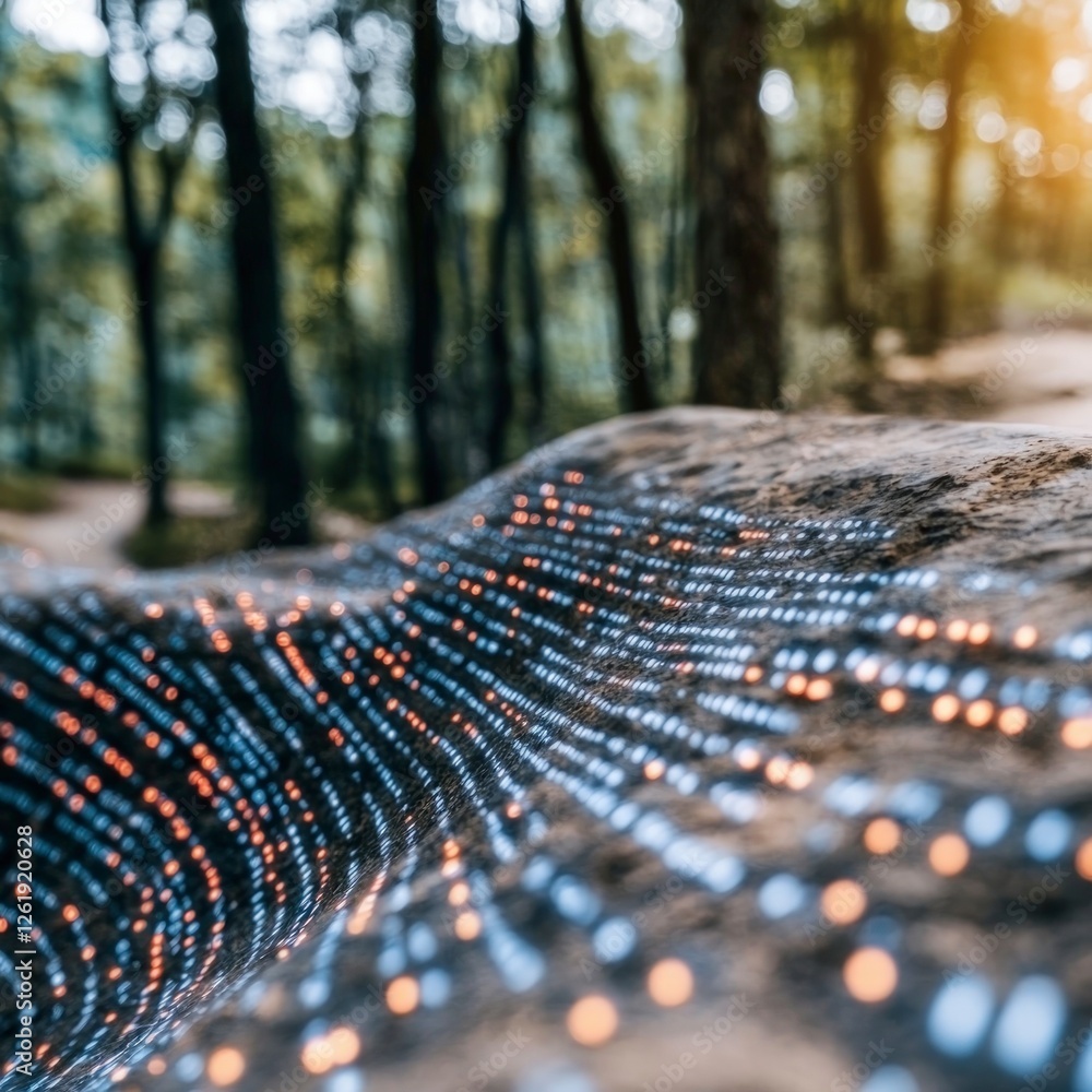 Poster glowing dots pattern on a stone surface in a forest