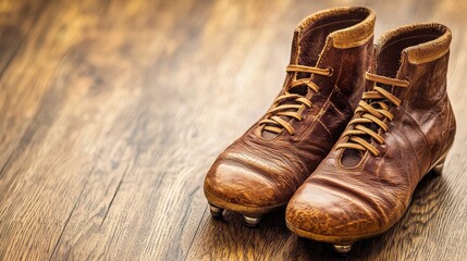 Old leather soccer boots with visible wear and tear, artfully arranged on polished wood, encapsulating the charm of classic sports memorabilia
