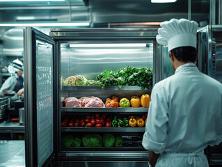 Cold storage and food preparation area featuring a commercial refrigerator stocked with fresh produce and meats, inspected by a professional chef in a restaurant kitchen