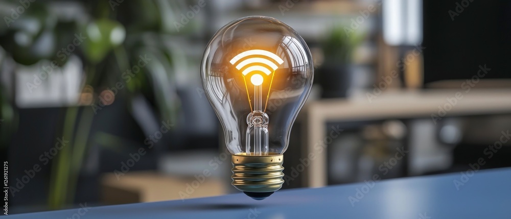 Poster glowing lightbulb with wifi symbol on a table