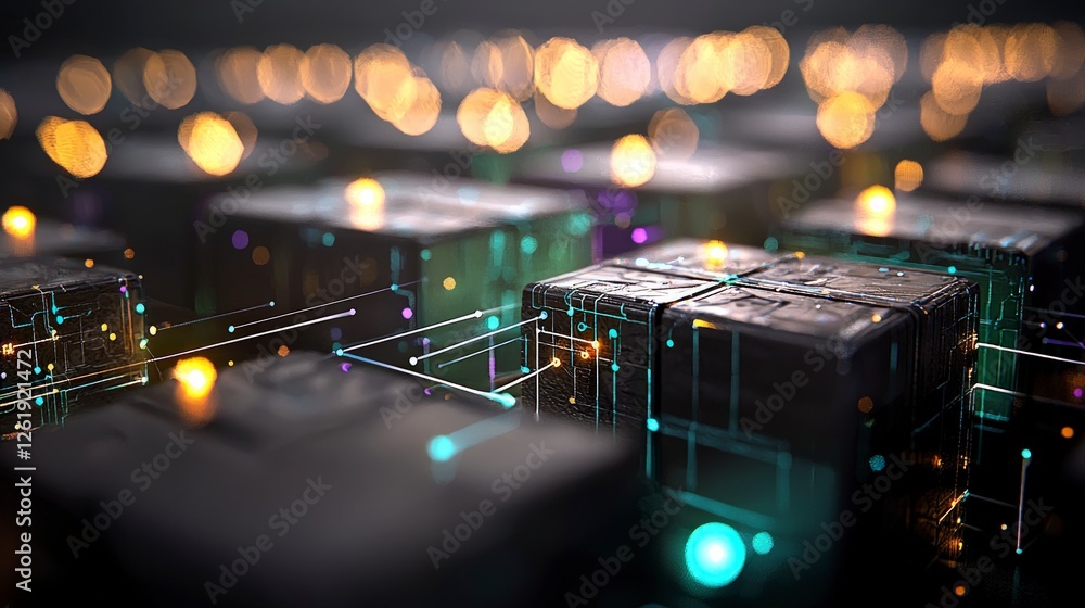 Poster glowing network of interconnected cubes in dark background