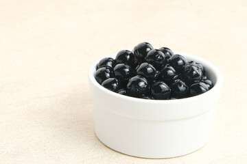 Black boba tapioca pearls, topping in bubble tea or other beverage
