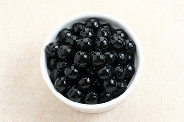 Black boba tapioca pearls, topping in bubble tea or other beverage
