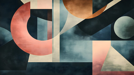Abstract geometric composition featuring shapes and colors art gallery digital artwork indoor aesthetic perspective