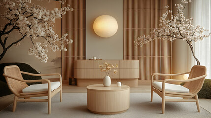 Serene Japanese-style room, two chairs, low table, cherry blossoms, calming background; interior design