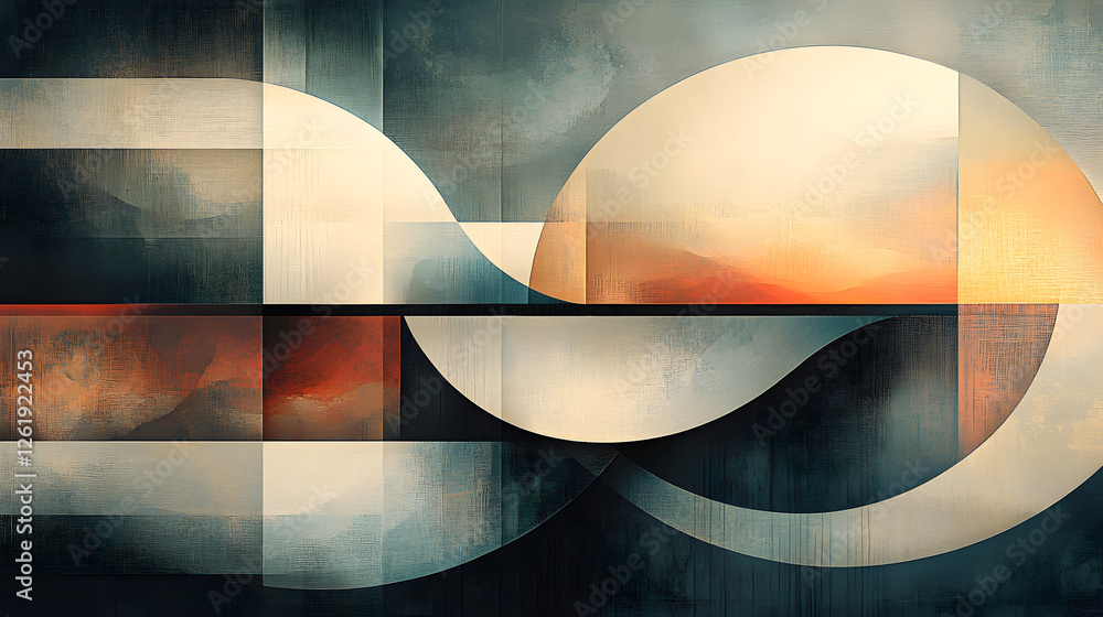 Poster abstract geometric composition featuring curved lines and blocks modern art space digital artwork co