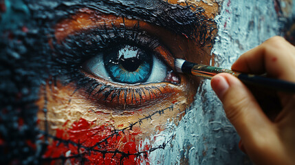 A close-up shot of an artist painting a powerful mural on a city wall. The artwork portrays a tearful Kashmiri child behind barbed wire, with a valley in the background engulfed in flames. 