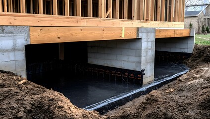 Obraz premium Basement Foundation Construction, Unfinished framing, Under construction