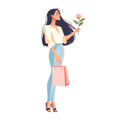 A nice young woman in a blouse and jeans holds a package in one hand and a spring pink flower in the other. Cartoon illustration.