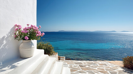 Fototapeta premium A vase of flowers on the white steps of a Greek house. In the background a white and bluish bay.AI generative.