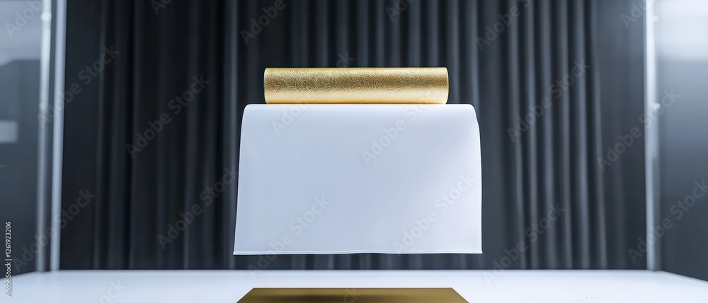 Poster gold rectangular object on white cube against dark gray background
