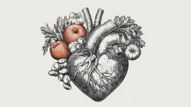 Human heart drawing with variety of healthy fresh fruits and vegetables on the table of balanced nutrition for heart health concept 