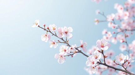Fototapeta premium Cherry blossom branch against soft blue sky: springtime elegance and natural beauty